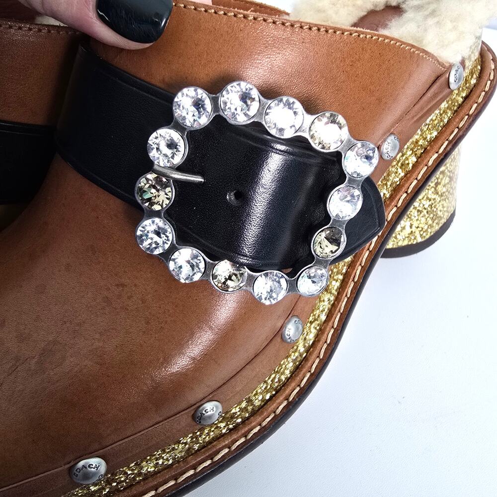 Coach Clog Slide Glitter Heel Brown Leather Shearling Insole Swarovski Crystal 7 - Picture 9 of 13